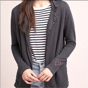 Sundry Embroidered Heart Sleeve Open Front Cardigan Sz S Gray Knit Blazer Jacket